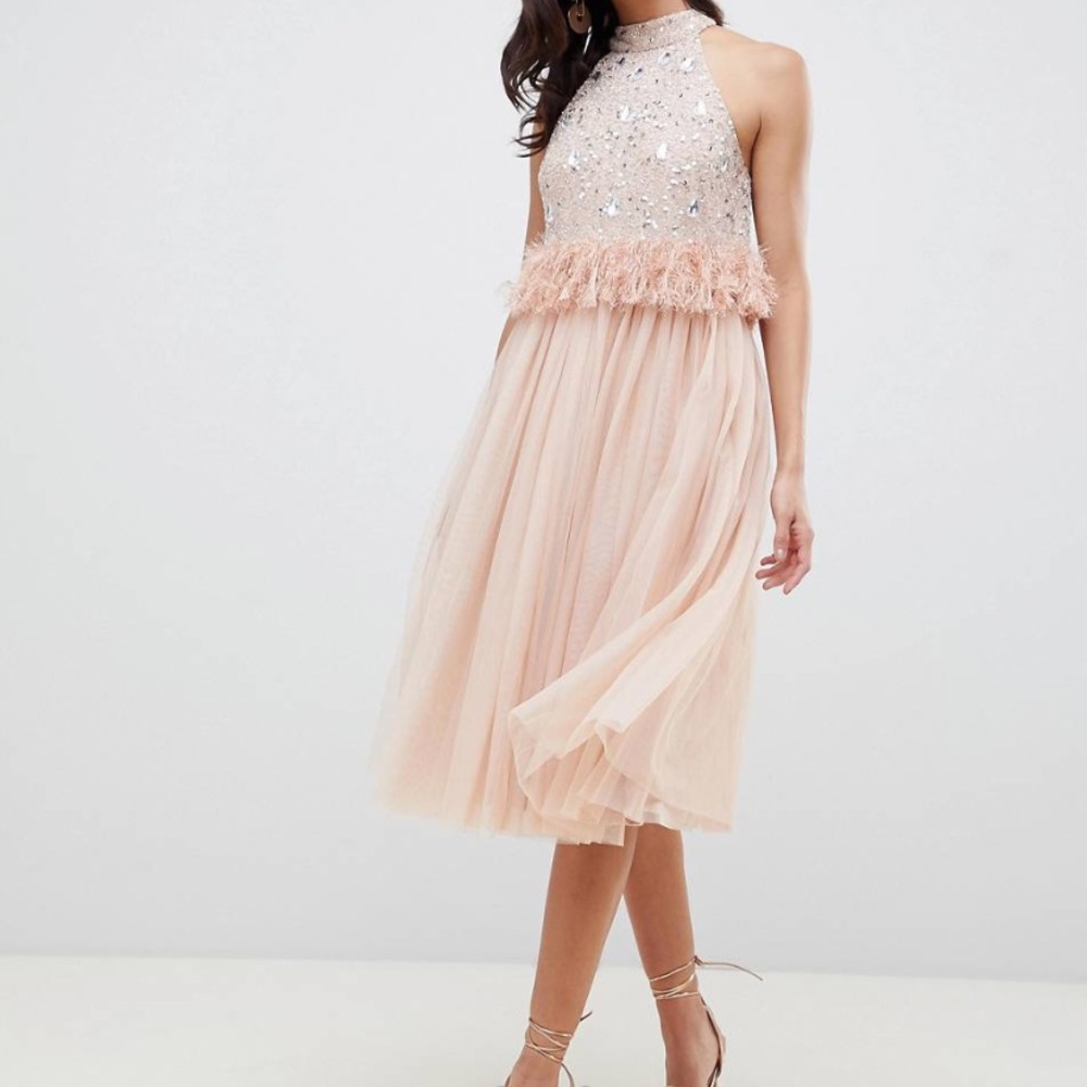 ASOS Pink Balletcore Sequin and Faux Feather Trim Midi Dress w Tulle Skirt US 0